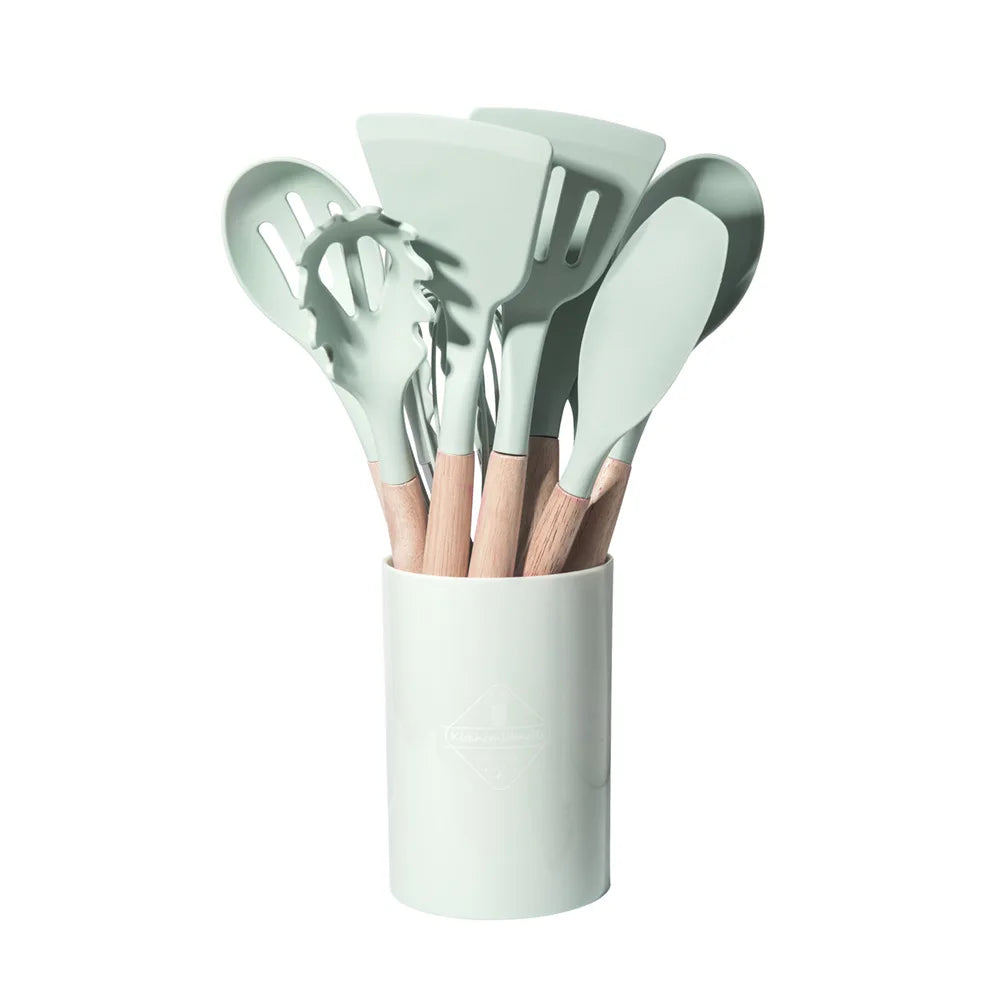 12-Piece Silicone Kitchen Utensil Set — Wooden Handle, Heat-Resistant, Non-Stick