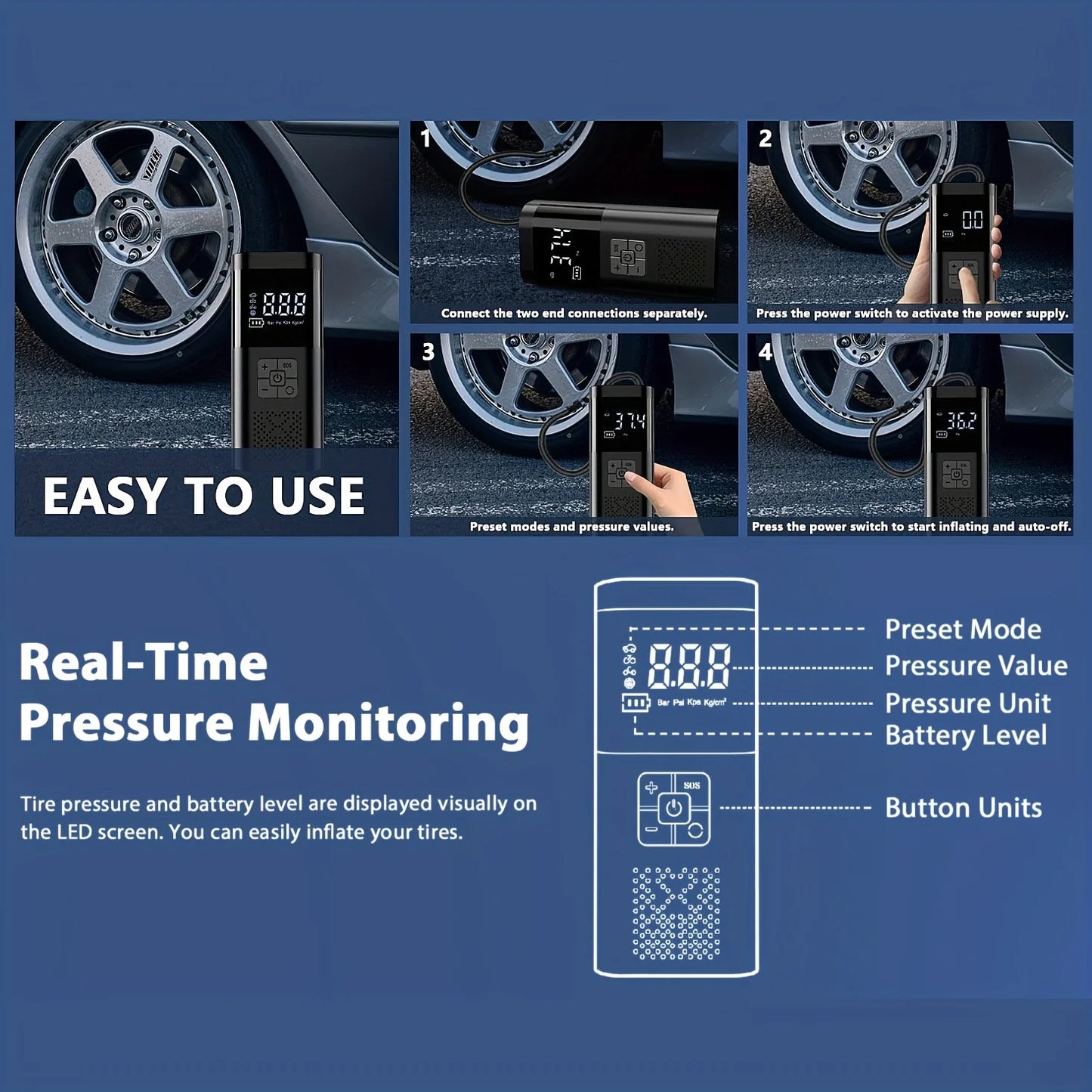 Portable Car Air Compressor — Cordless Tire Inflator with Digital Display