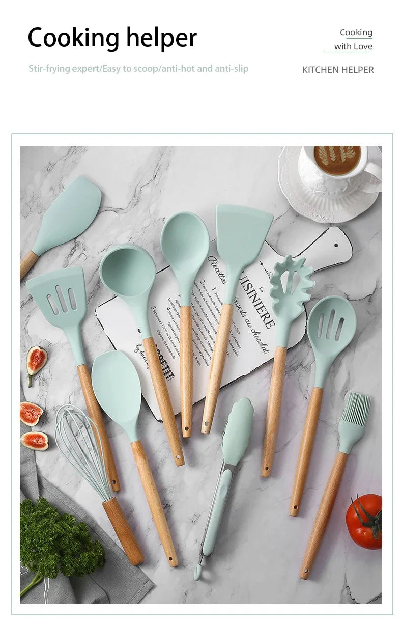12-Piece Silicone Kitchen Utensil Set — Wooden Handle, Heat-Resistant, Non-Stick
