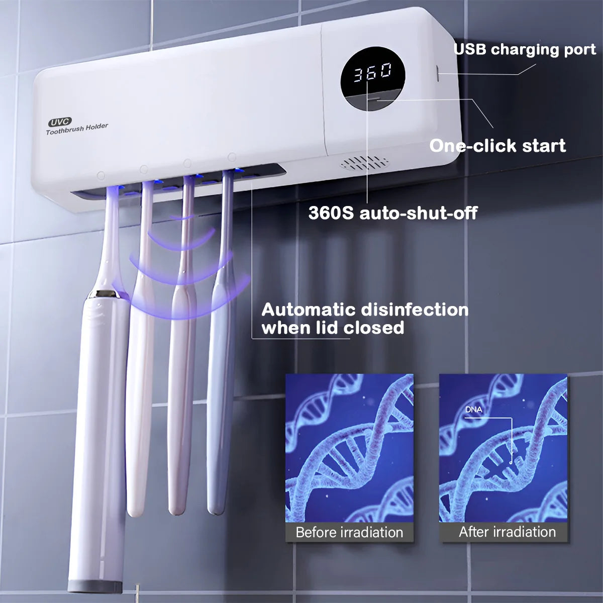 UV Toothbrush Sterilizer & Holder — USB Rechargeable, Smart Digital Display