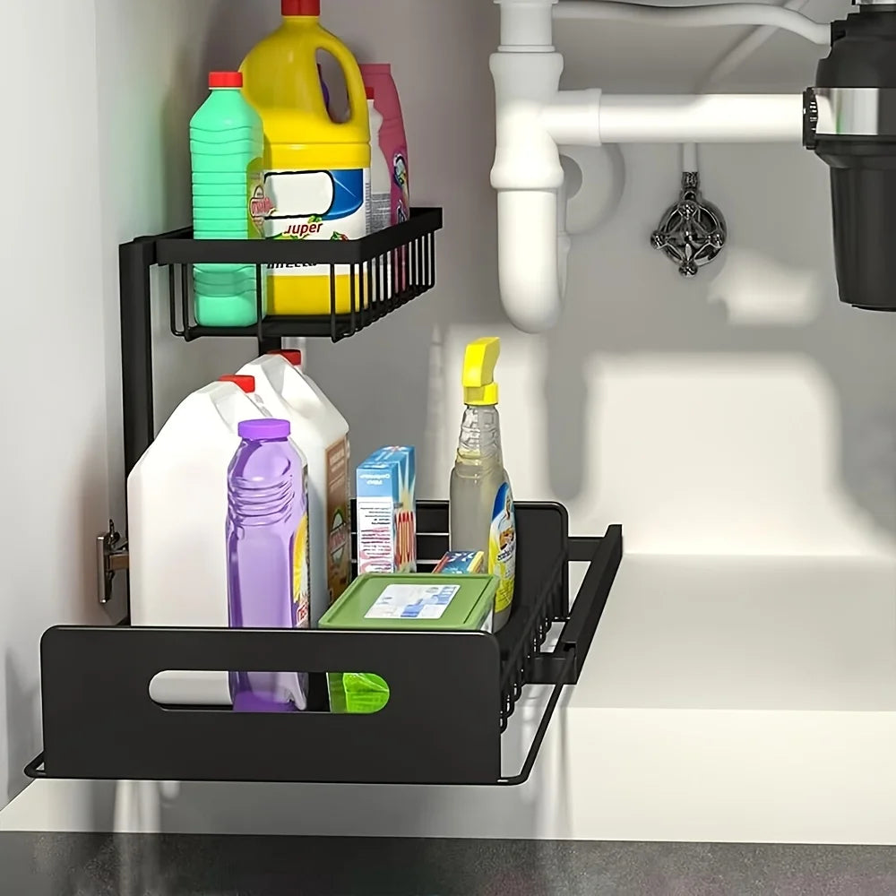 2-Tier Sliding Under Sink Organizer — Rustproof Metal, Kitchen & Bathroom
