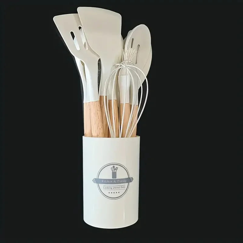 12-Piece Silicone Kitchen Utensil Set — Wooden Handle, Heat-Resistant, Non-Stick