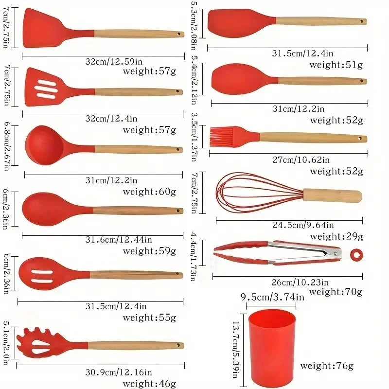 12-Piece Silicone Kitchen Utensil Set — Wooden Handle, Heat-Resistant, Non-Stick