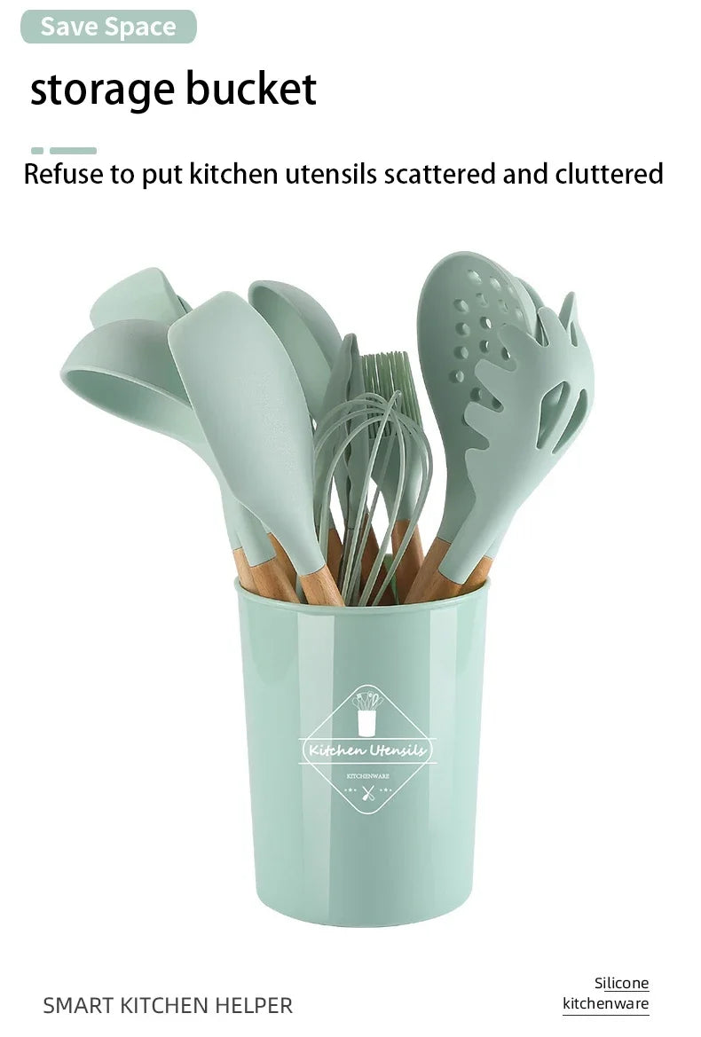 12-Piece Silicone Kitchen Utensil Set — Wooden Handle, Heat-Resistant, Non-Stick