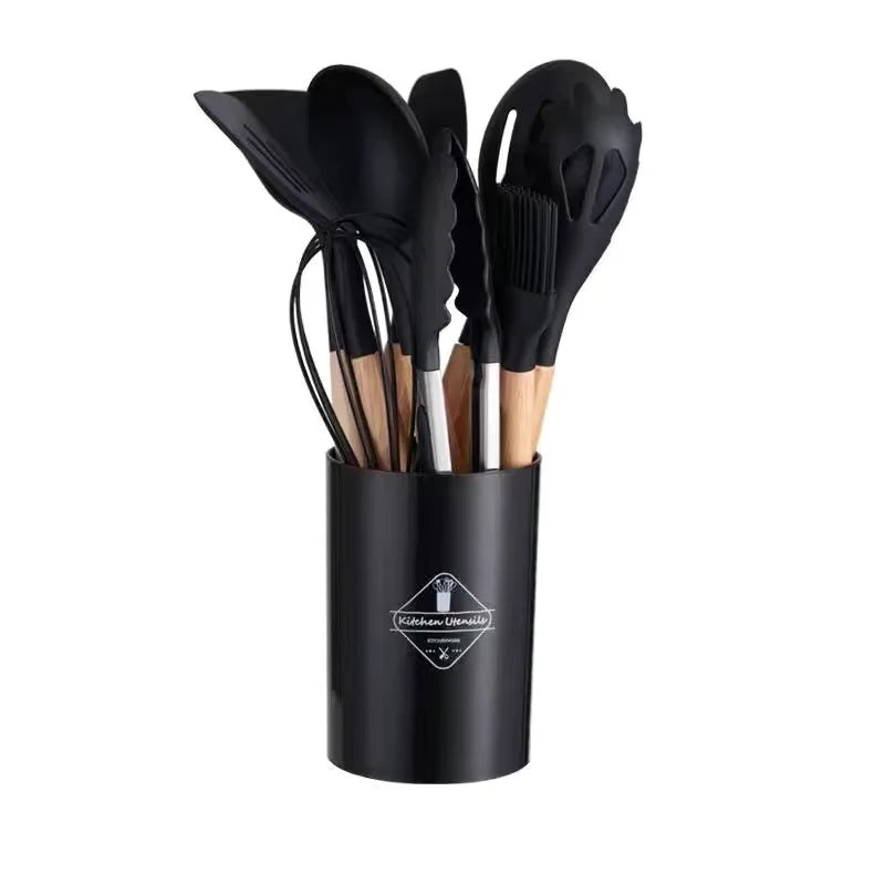 12-Piece Silicone Kitchen Utensil Set — Wooden Handle, Heat-Resistant, Non-Stick