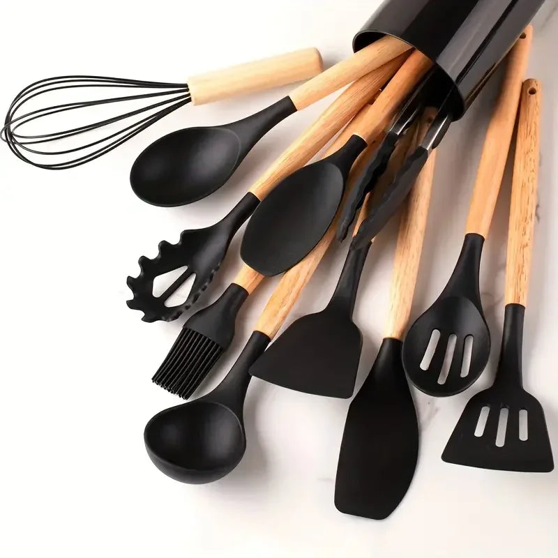 12-Piece Silicone Kitchen Utensil Set — Wooden Handle, Heat-Resistant, Non-Stick