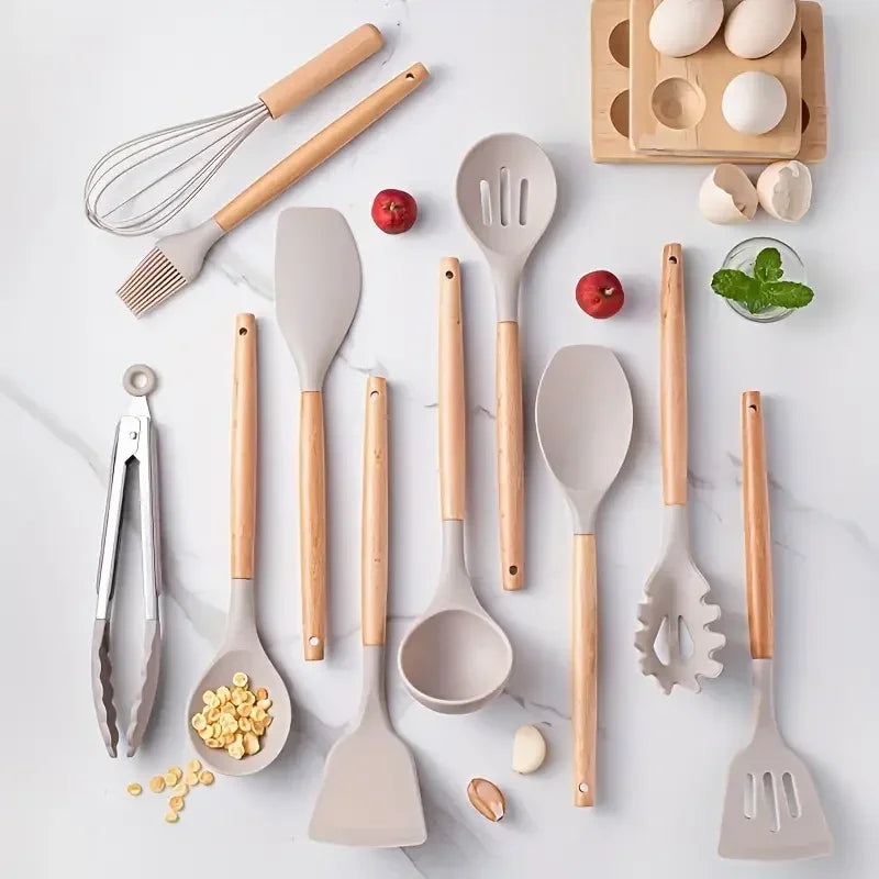 12-Piece Silicone Kitchen Utensil Set — Wooden Handle, Heat-Resistant, Non-Stick