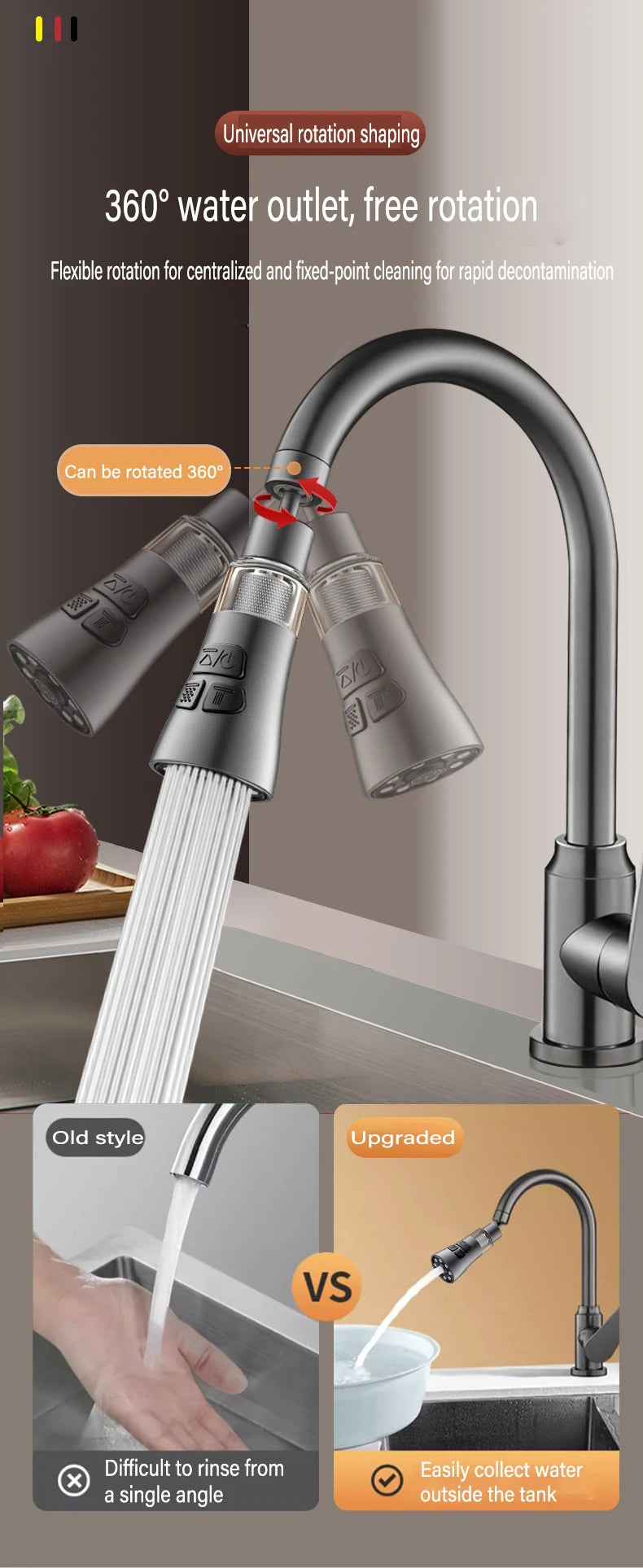 360° Rotating Kitchen Faucet Aerator | 3-Mode Splash Filter & Bubbler