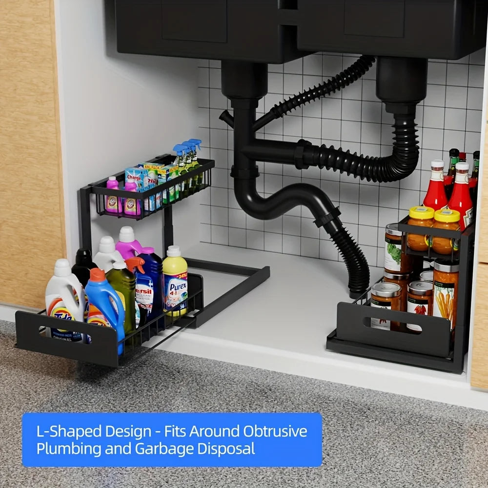 2-Tier Sliding Under Sink Organizer — Rustproof Metal, Kitchen & Bathroom