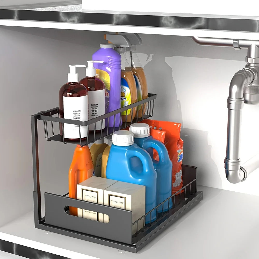 2-Tier Sliding Under Sink Organizer — Rustproof Metal, Kitchen & Bathroom