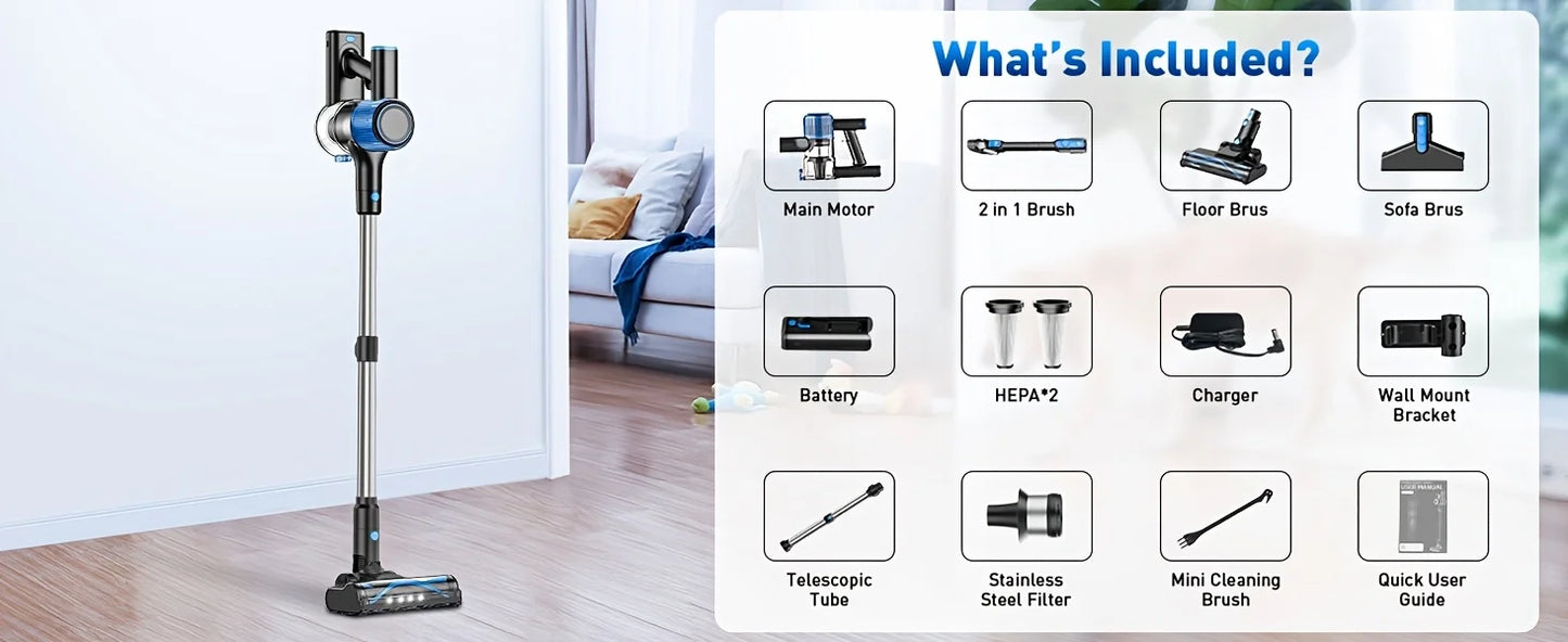 Cordless Vacuum Cleaner 55Kpa – 8-in-1, 45 Min Battery