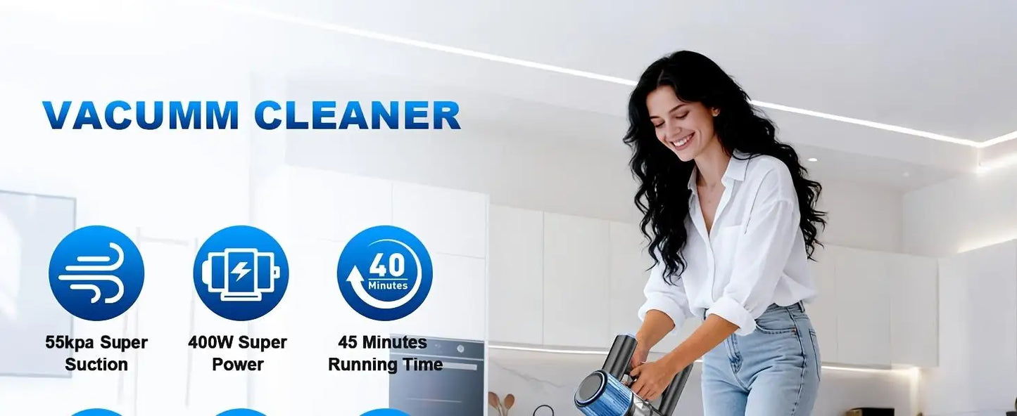 Cordless Vacuum Cleaner 55Kpa – 8-in-1, 45 Min Battery