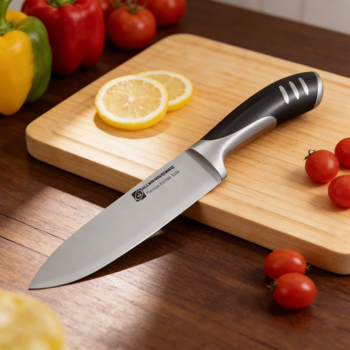 8-Piece Premium Kitchen Knife Set — Stainless Steel with Rubber Wood Block