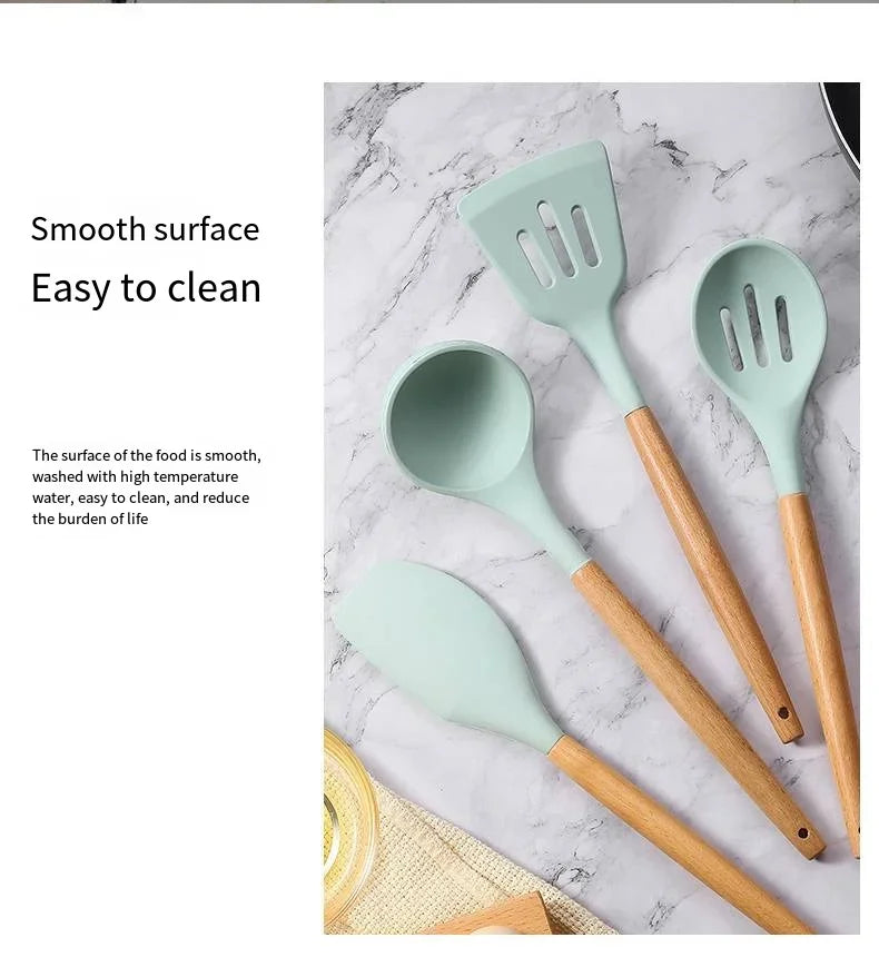 12-Piece Silicone Kitchen Utensil Set — Wooden Handle, Heat-Resistant, Non-Stick