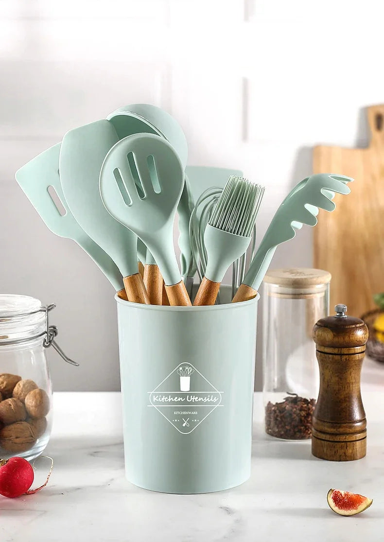 12-Piece Silicone Kitchen Utensil Set — Wooden Handle, Heat-Resistant, Non-Stick