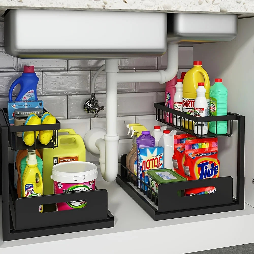 2-Tier Sliding Under Sink Organizer — Rustproof Metal, Kitchen & Bathroom