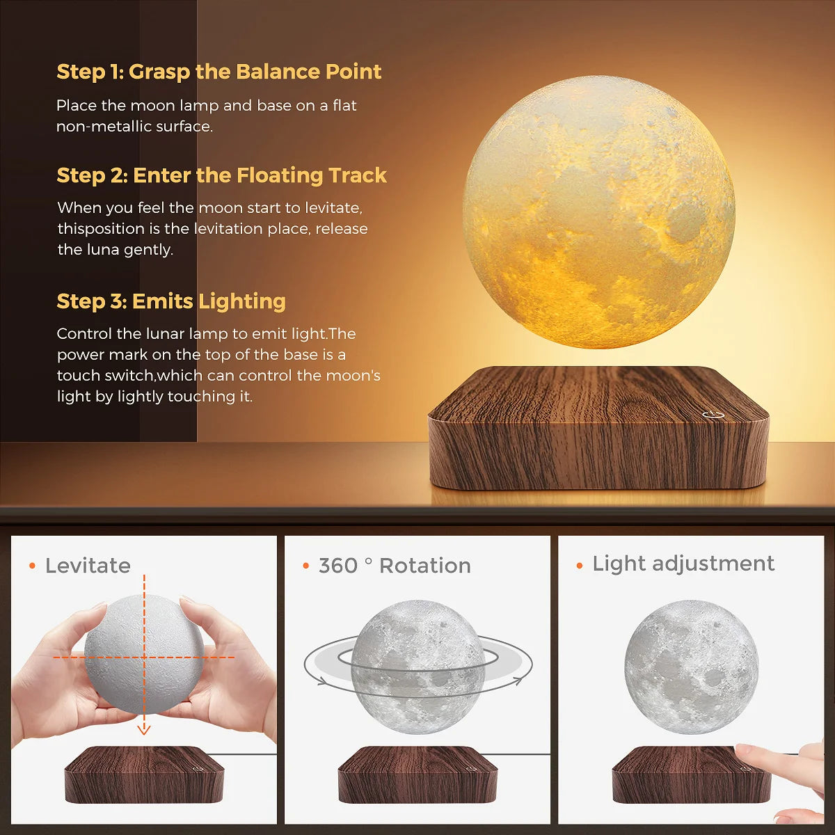 Levitating Moon Lamp | 3-Color LED Floating Night Light with Wooden Base