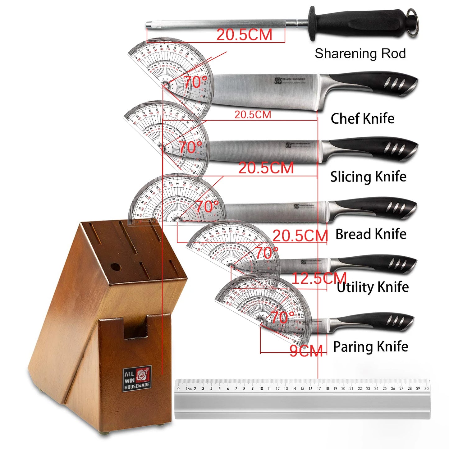 8-Piece Premium Kitchen Knife Set — Stainless Steel with Rubber Wood Block
