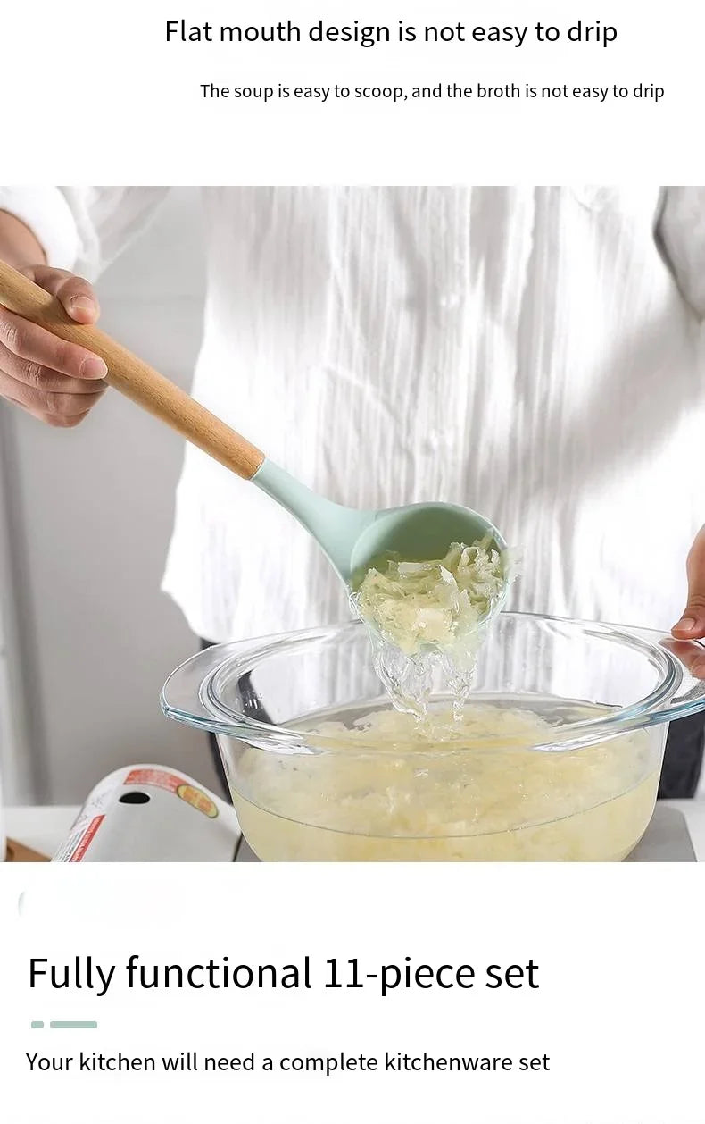 12-Piece Silicone Kitchen Utensil Set — Wooden Handle, Heat-Resistant, Non-Stick