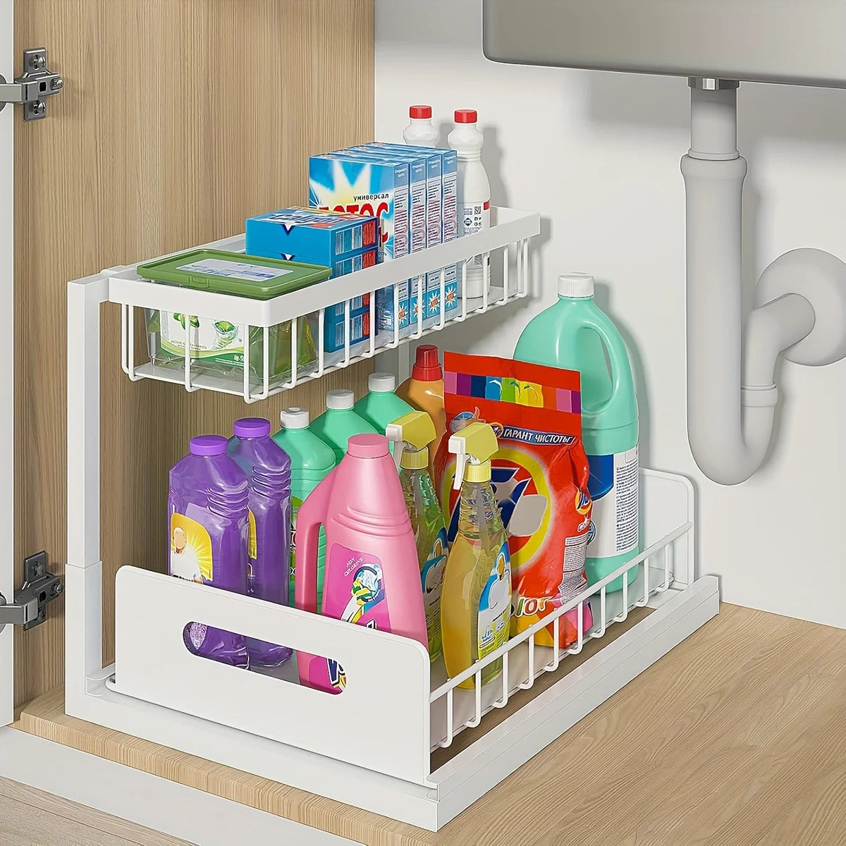2-Tier Sliding Under Sink Organizer — Rustproof Metal, Kitchen & Bathroom