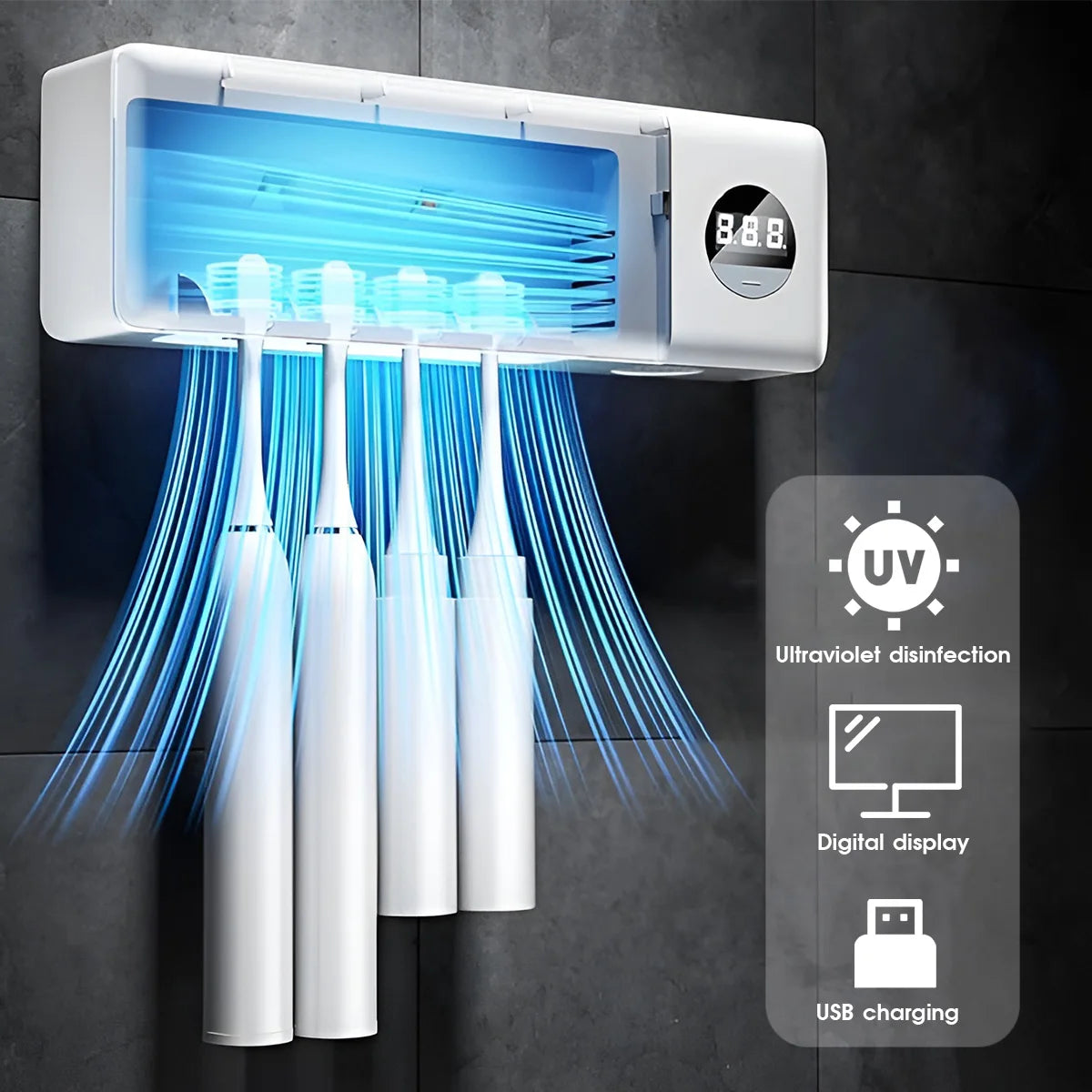 UV Toothbrush Sterilizer & Holder — USB Rechargeable, Smart Digital Display