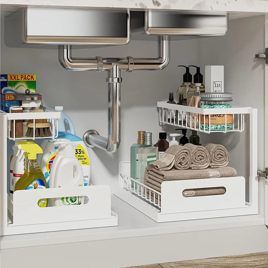 2-Tier Sliding Under Sink Organizer — Rustproof Metal, Kitchen & Bathroom
