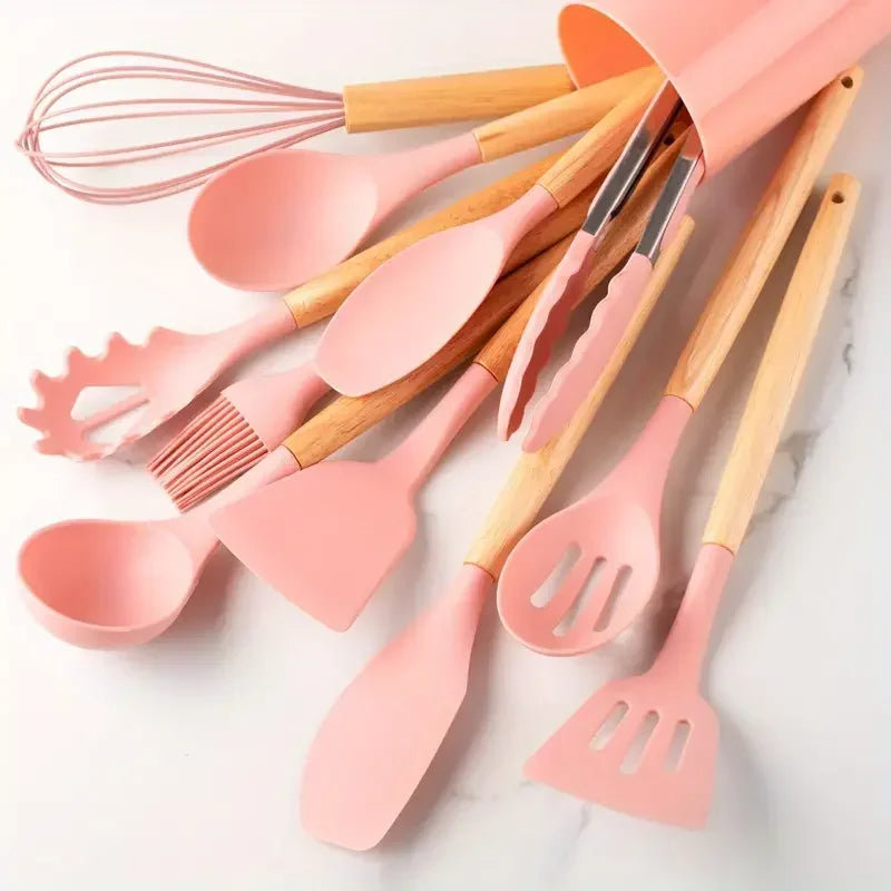 12-Piece Silicone Kitchen Utensil Set — Wooden Handle, Heat-Resistant, Non-Stick