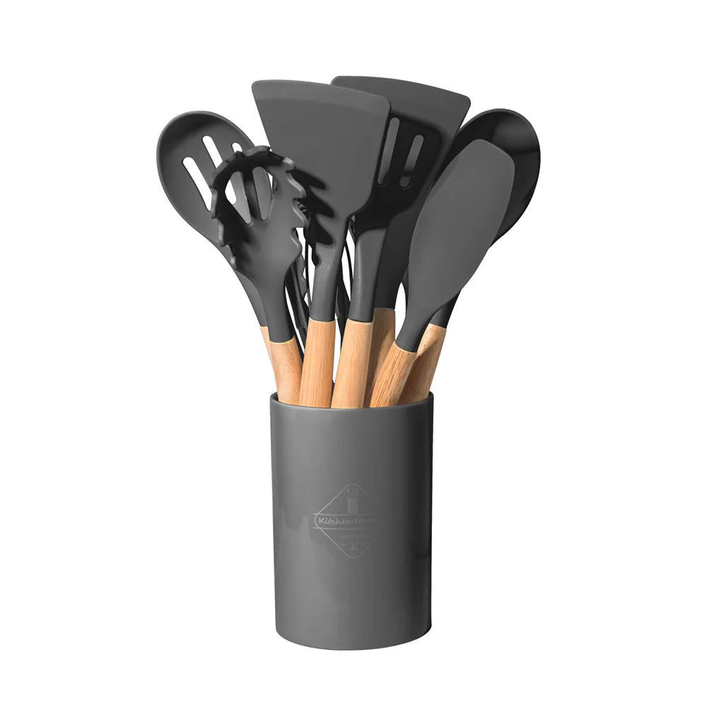 12-Piece Silicone Kitchen Utensil Set — Wooden Handle, Heat-Resistant, Non-Stick