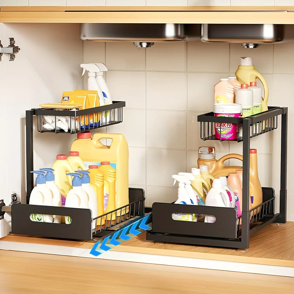 2-Tier Sliding Under Sink Organizer — Rustproof Metal, Kitchen & Bathroom