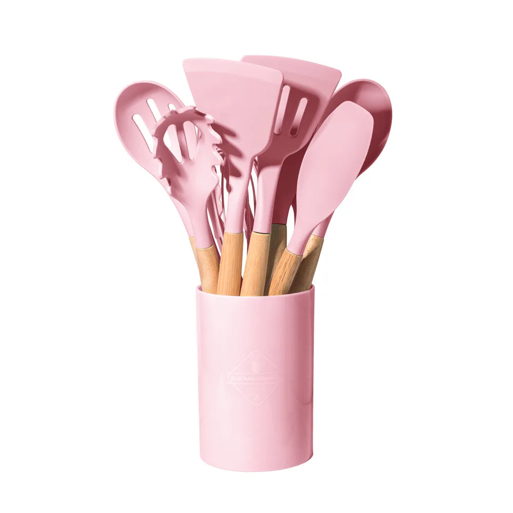12-Piece Silicone Kitchen Utensil Set — Wooden Handle, Heat-Resistant, Non-Stick