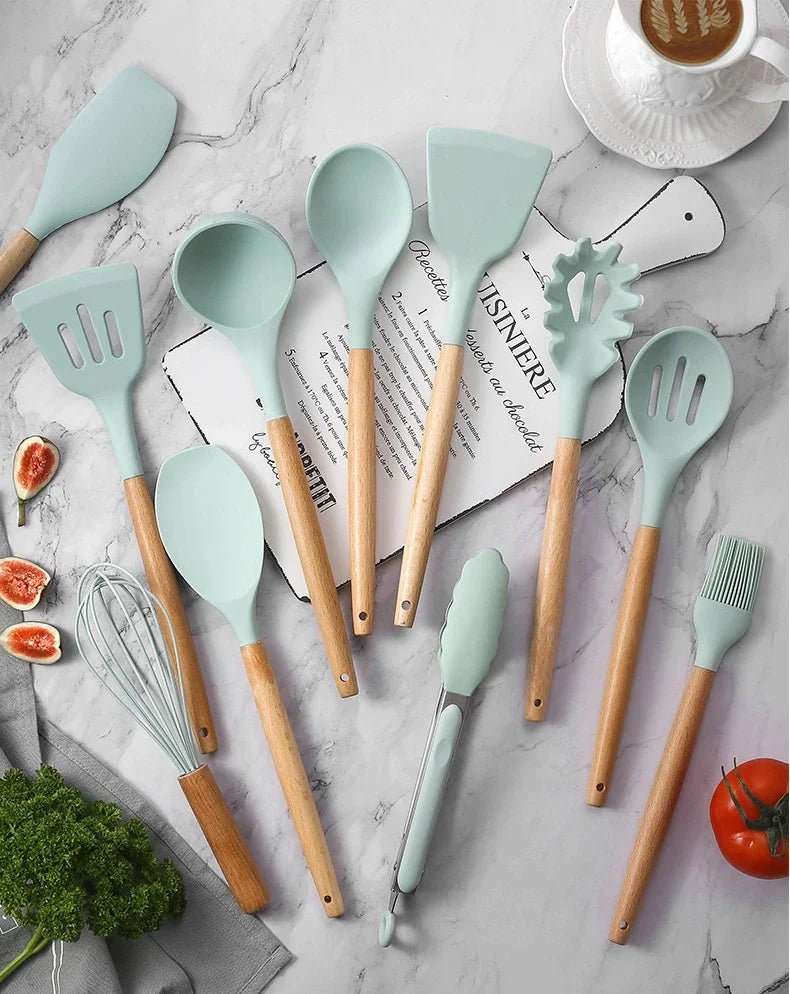12-Piece Silicone Kitchen Utensil Set — Wooden Handle, Heat-Resistant, Non-Stick