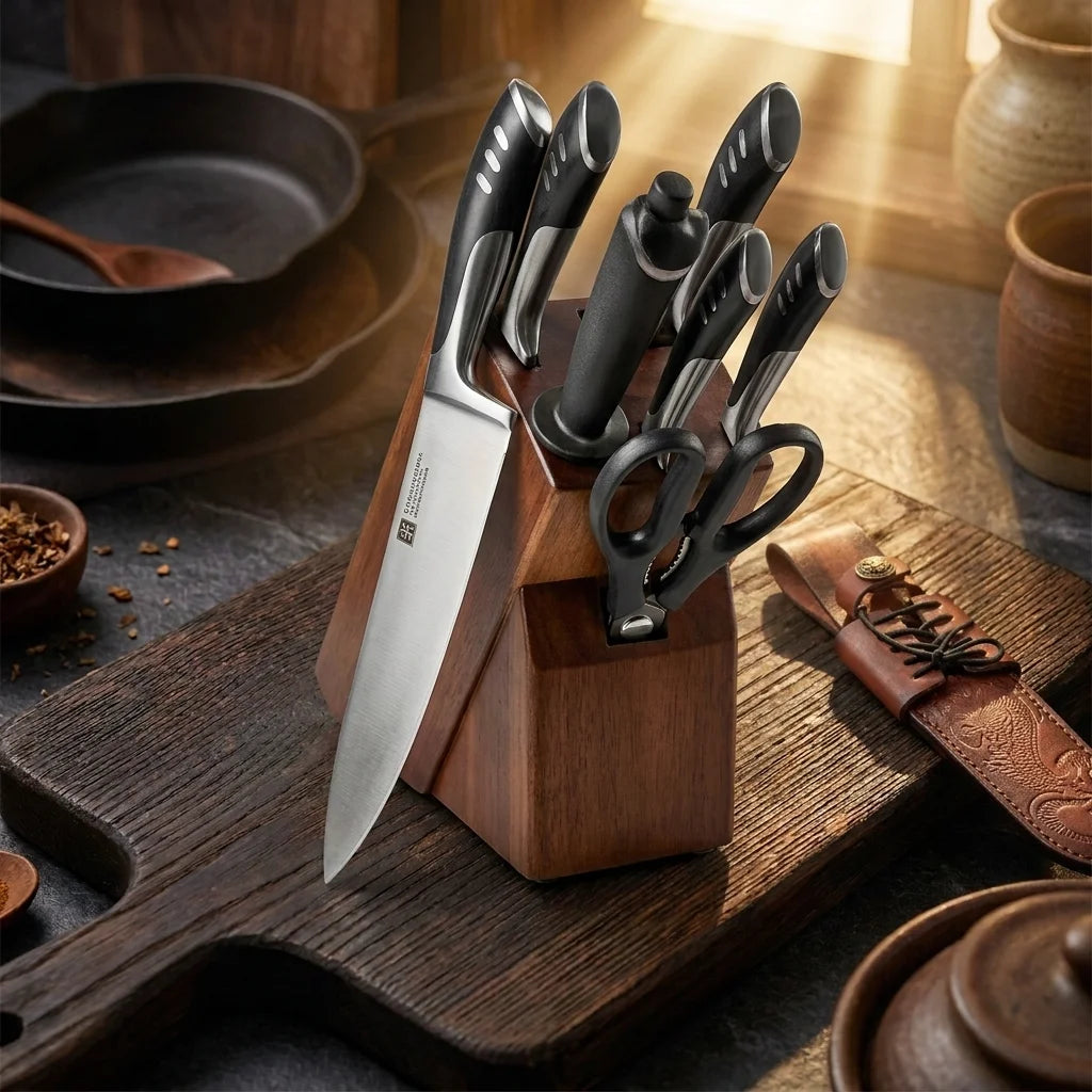 8-Piece Premium Kitchen Knife Set — Stainless Steel with Rubber Wood Block