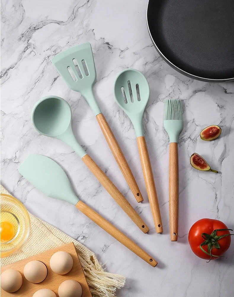 12-Piece Silicone Kitchen Utensil Set — Wooden Handle, Heat-Resistant, Non-Stick