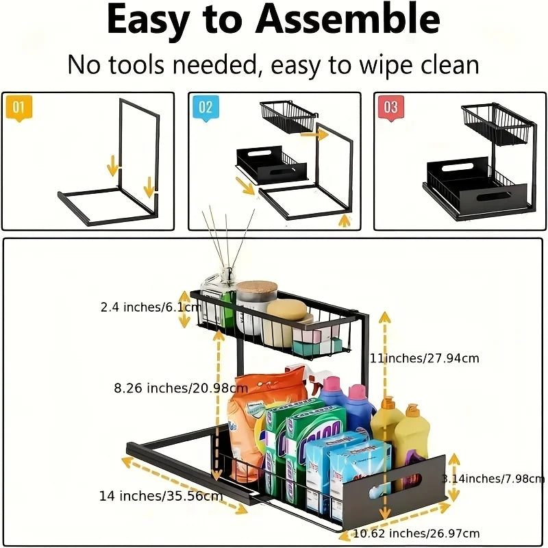2-Tier Sliding Under Sink Organizer — Rustproof Metal, Kitchen & Bathroom