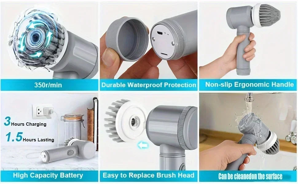 Electric Spin Scrubber – 5 Brush Heads, Cordless Cleaning Brush