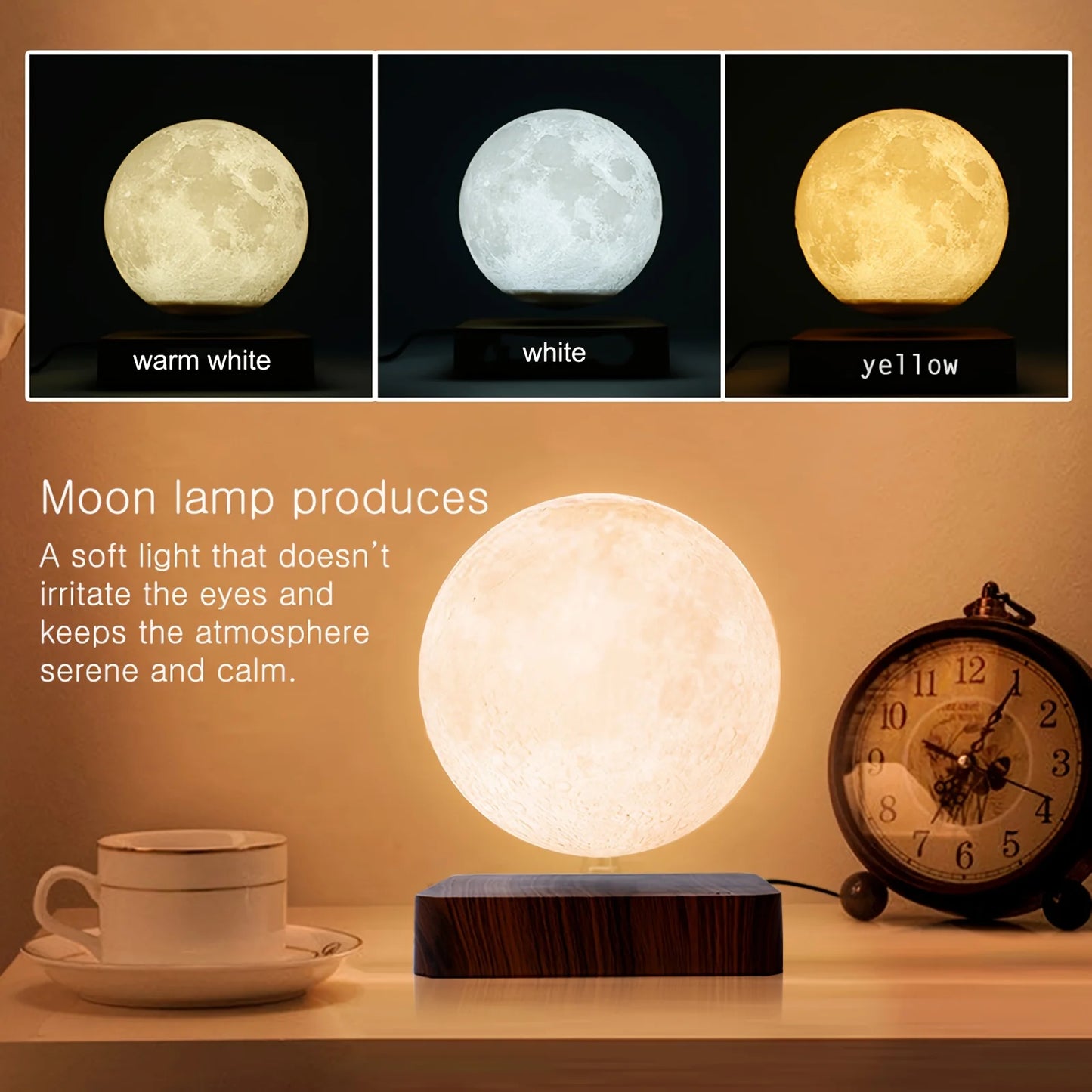 Levitating Moon Lamp | 3-Color LED Floating Night Light with Wooden Base