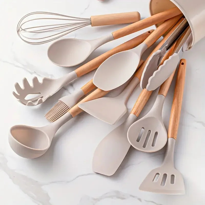 12-Piece Silicone Kitchen Utensil Set — Wooden Handle, Heat-Resistant, Non-Stick