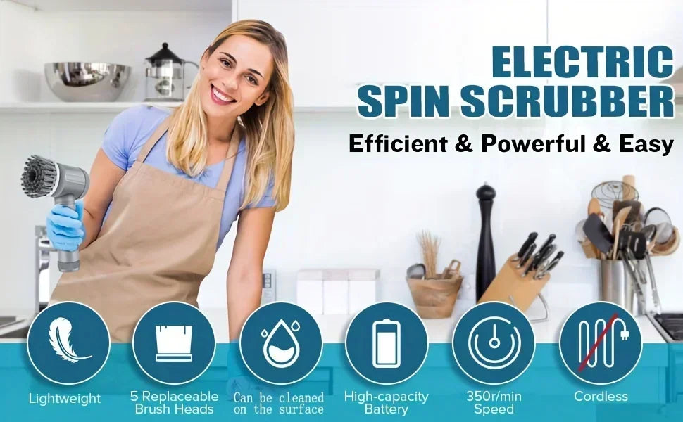 Electric Spin Scrubber – 5 Brush Heads, Cordless Cleaning Brush