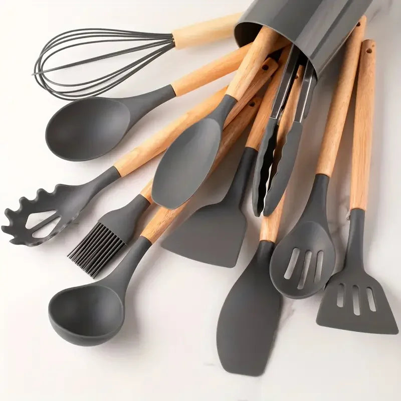 12-Piece Silicone Kitchen Utensil Set — Wooden Handle, Heat-Resistant, Non-Stick