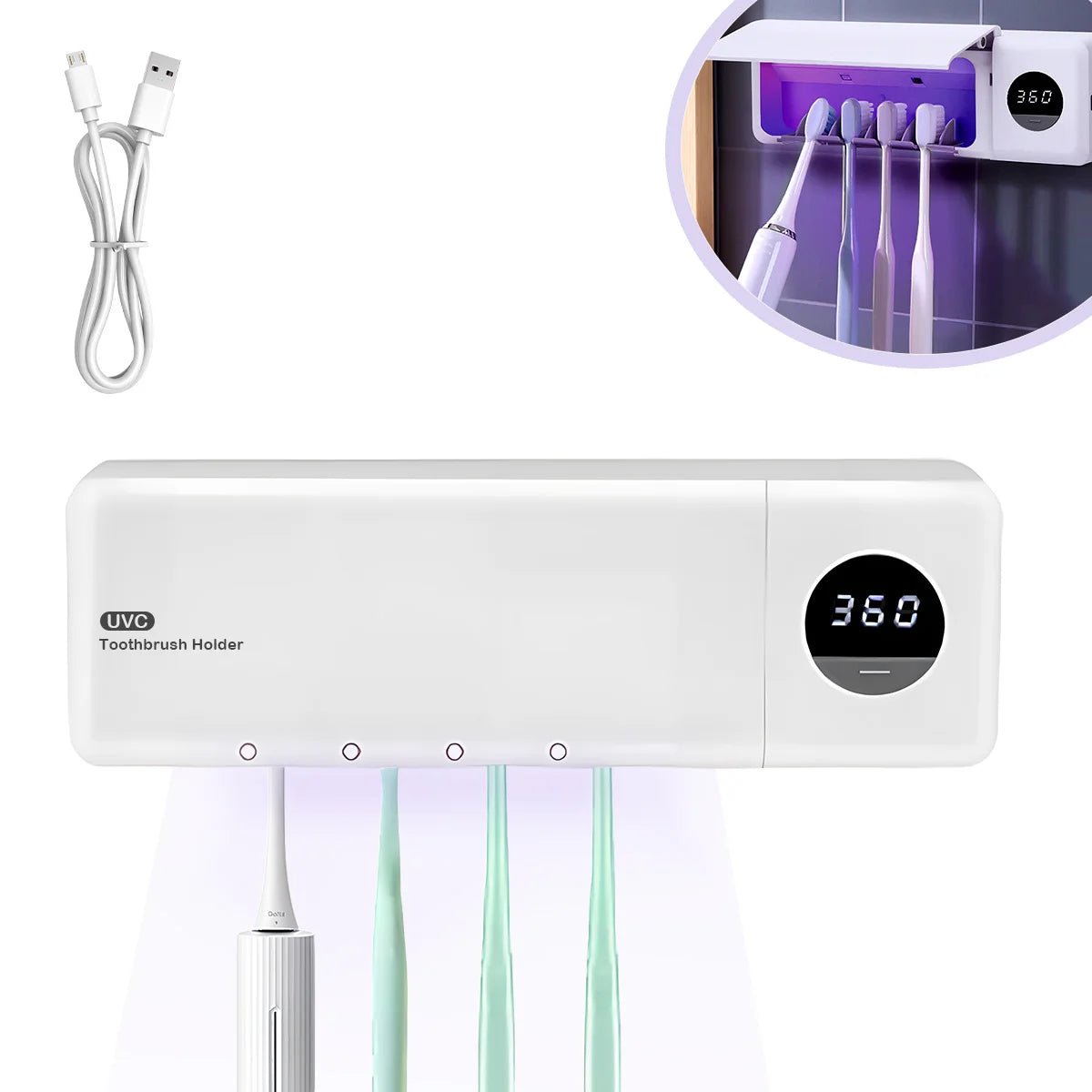 UV Toothbrush Sterilizer & Holder — USB Rechargeable, Smart Digital Display